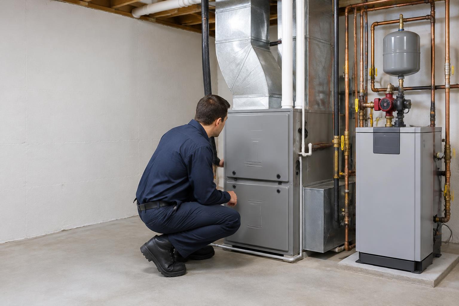 Residential furnace and boiler with an HVAC technician inspecting the heating equipment